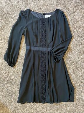 Black Long-Sleeve Lace-Trim Chiffon Dress